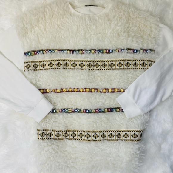 Zara Embroidered Embellished Shaggy Sweater Mongolian Shearling Fur Look - Picture 5 of 10